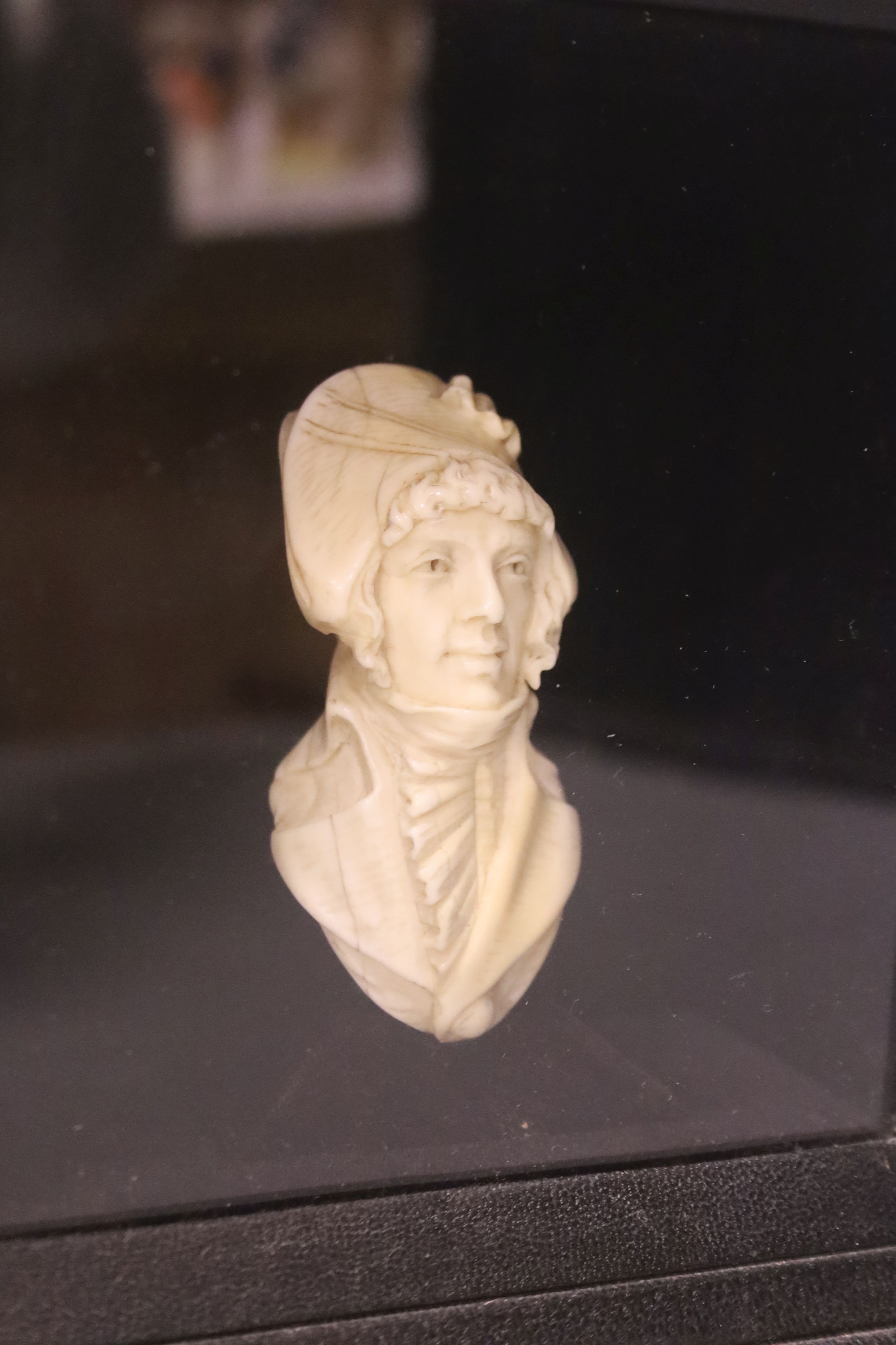 A 19th century carved bust of a French military gentleman, cased, height 17cm, width 16cm